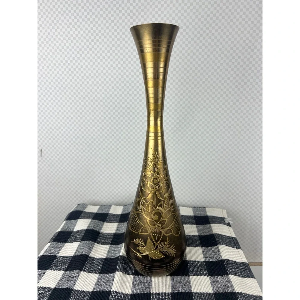 Vintage Etched Brass Floral Vase Tall Bud Vase Gold Tone Boho Decor 15